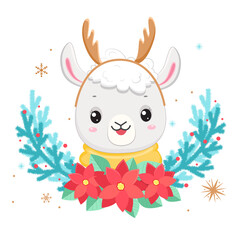 Cute white vector Christmas llama with wreath