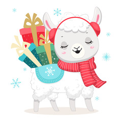 Cute white Christmas llama with gift boxes