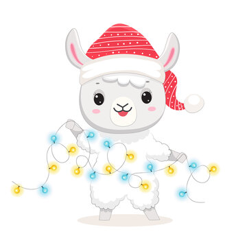 Cute white Christmas llama in Santa hat with garland