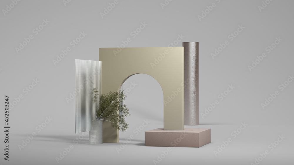 Poster green square arc display on the gray background with small tree. natural showcase. minimal design. 3