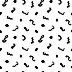 Seamless monochrome pattern with wavy lines and dots. Black and white creative hand drawn background for your design. Abstract curved lines with spots, blots. Modern texture for decoration.