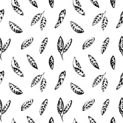 Hand drawn leaves seamless pattern. Sketches and doodles of plants. Streaked leaves with scribble textures. Modern ornament with black cartoon plants. Botanical elements with ink and brush. 