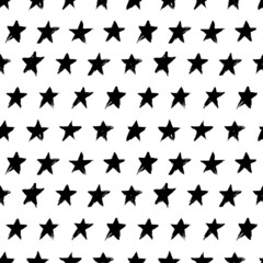 Modern geometric star seamless pattern. Hand drawn black and white abstract vector texture with regular stars. Brush strokes texture with rough edges. Black ink Scandinavian grunge ornament. 