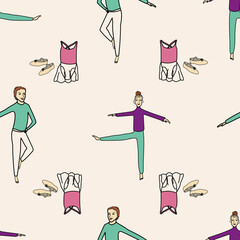 Vector pink Ballet Man and Woman Dancers with leotard and shoes background pattern