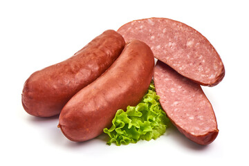 Smoked German sausages, isolated on white background.