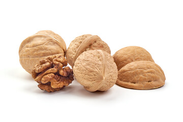 Walnuts with kernel, isolated on white background.