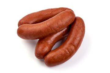 Smoked German sausages, isolated on white background.