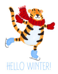Fototapeta na wymiar A cute tiger in a winter scarf and a hat is skating on ice. Christmas and New Year illustration, postcard with the inscription: Hello winter. The symbol of the new year 2022. Chinese Tiger New Year