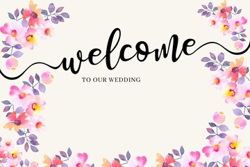 Background for decoration for wedding with welcome text. flower decoration blue