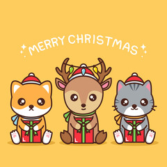 Merry christmas illustration with cute animals wear santa hat