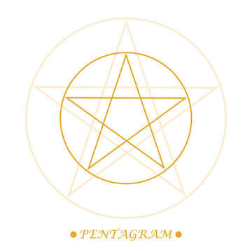 Pentagram sign. Five-pointed star. Protective amulet for witches. Symbol witch in gold color on white background. Line art. Esoteric, sacred geometry, witchcraft. Vector illustration