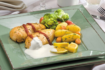 Prato de frango com batatas, limão molho e tomate-cereja