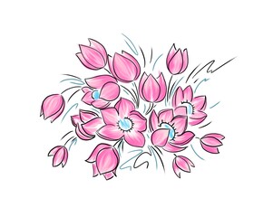 Fototapeta na wymiar Drawn bouquet of pink flowers isolated on white background