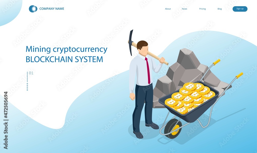 Poster isometric cryptomining farm concept. cryptocurrency mining equipment. mining cryptocurrency coin usi