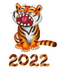 Fototapeta na wymiar An angry cute little tiger cub is a symbol of the year 2022 according to the Chinese horoscope. The tiger cub growls and shows that he is a predator. Inscription: the number 2022. New Year's card