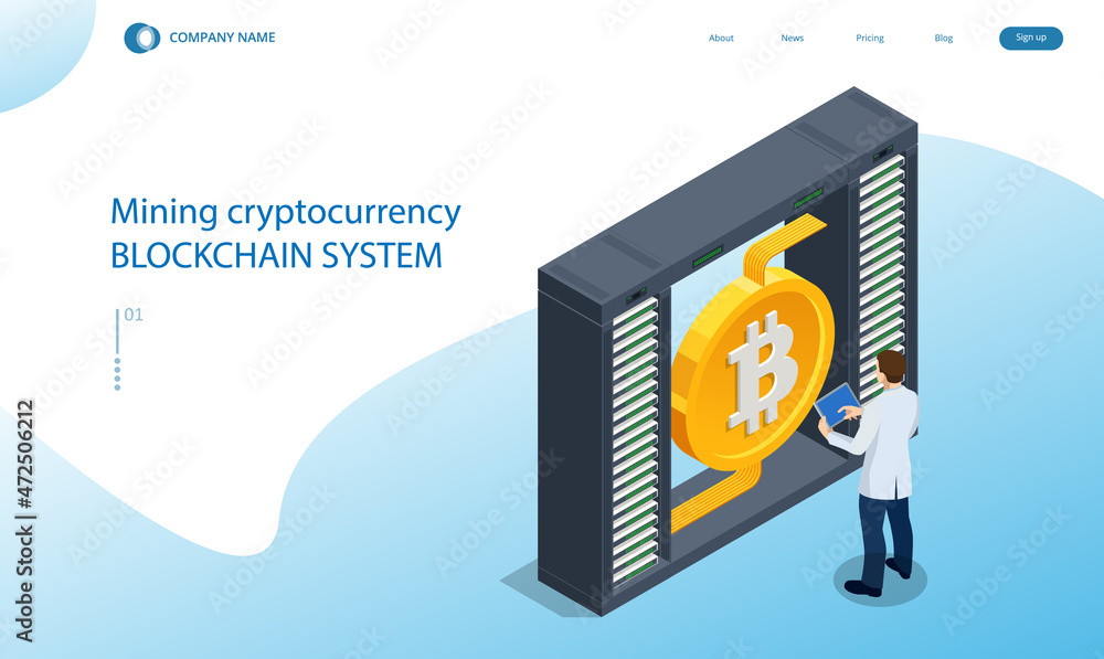Poster isometric cryptomining farm concept. cryptocurrency mining equipment. mining cryptocurrency coin usi