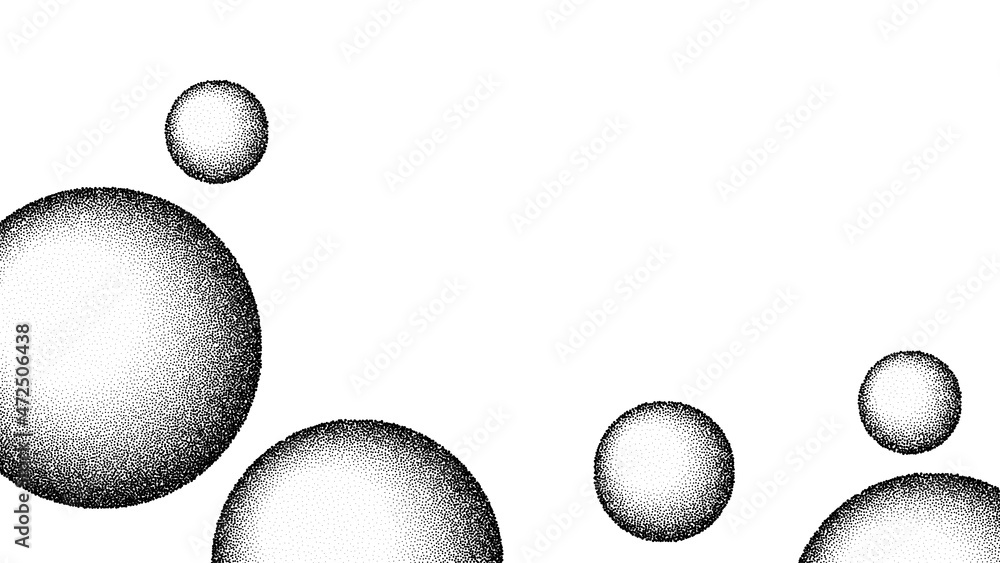 Wall mural dotwork of grain balls background. black noise dots 3d soap bubbles. sand grain effect ball shape. a