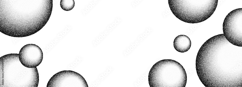 Poster dotwork spheres of grain balls background. black noise dots 3d soap bubbles. sand grain effect ball 