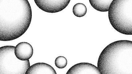 Dotwork grain balls frame background. Black noise dots 3D spheres. Sand grain effect ball shape. Abstract noise dot object. Halftone dots geometric bubbles elements. Dotted spheres vector banner.