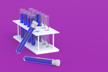 Test tubes with liquid in holder. Scientific experiments. Development of vaccines, drugs. Medical tests. Modern biotechnology. Biological weapons. Medical or science laboratory. Copy space. 3d render