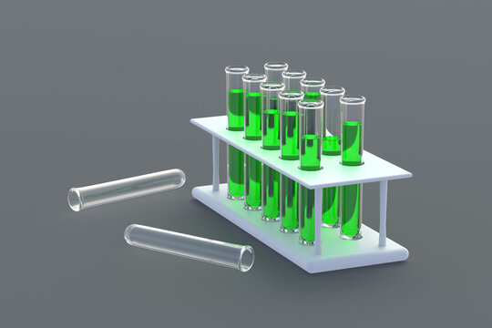 Test tubes with liquid in holder. Scientific experiments. Development of vaccines, drugs. Medical tests. Modern biotechnology. Biological weapons. Medical or science laboratory. 3d render