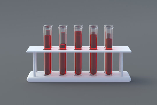 Test tubes with red liquid in holder. Scientific experiments. Development of vaccines, drugs. Medical tests. Modern biotechnology. Biological weapons. Medical or science laboratory. 3d render