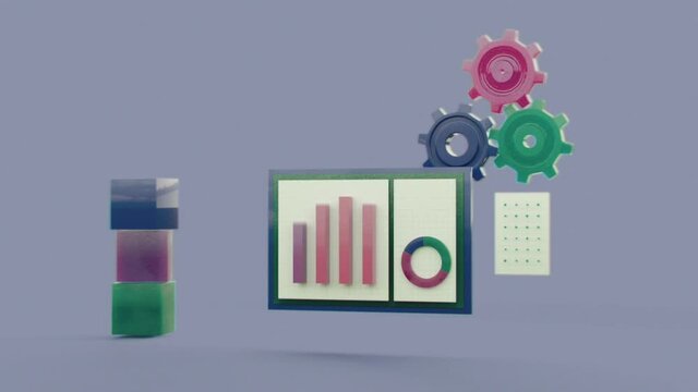 3D Charts, Gears - statistic and technology - abstract looped concept animation background. Tools for data analysis, statistical or financial analytics. Teamwork power
