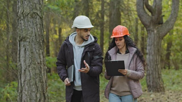 Young diverse employees in helmets, Indian man and oriental woman, forestry engineers in hardhats with tablet walking in park, checking trees talking planning measures for reforestation of woodlands