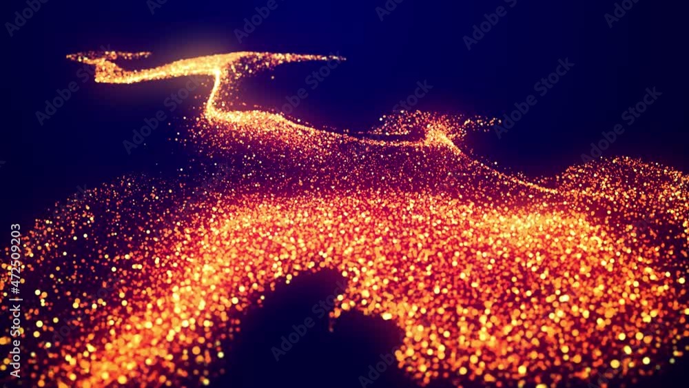 Poster abstract bg, golden magic glitters fly in air in slow motion and form beautiful swirls. fiery sparkl