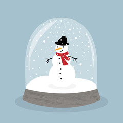 Snow globe vector illustration with a cute snowman inside.