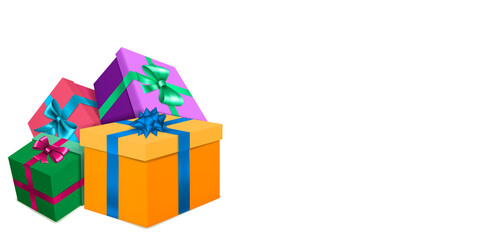 Vector illustration with bunch of colored gift boxes with ribbons and bows on white background