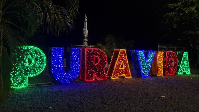 Illuminated sign showing pura vida in Costa Rica