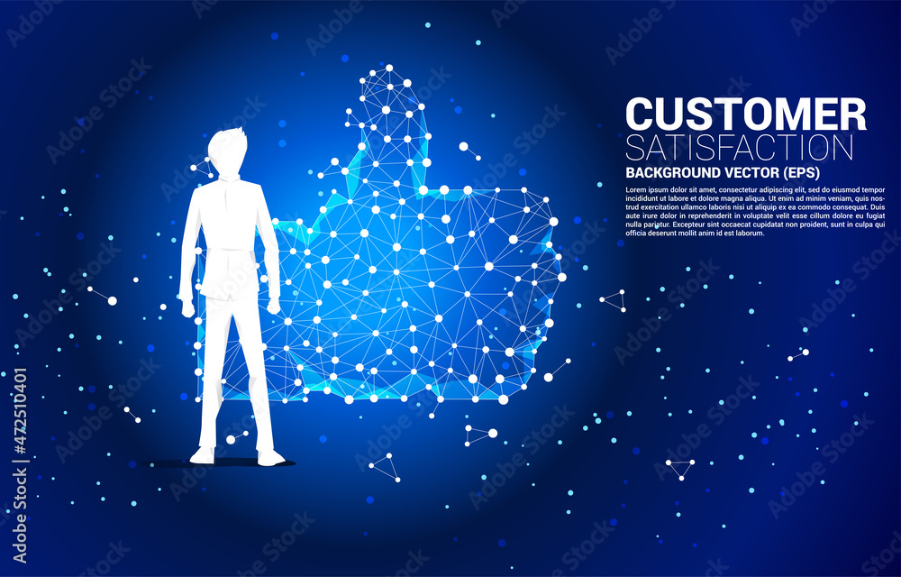 Poster Silhouette of businessman standing with thumb up icon from dot connect line polygon network. concept of customer satisfaction , client rating and ranking.