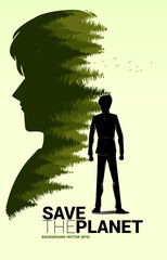 Vector Silhouette of businessman stand with Natural forest inside silhouette man head. background for take care and save the environment.