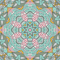 Naklejka premium Boho pattern. Indian mandala print. Vector medallion folk art style design in pastel colors
