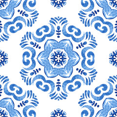 Abstract hand drawn watercolor tile seamless ornamental pattern. Elegant mandala with flower for fabric and wallpapers