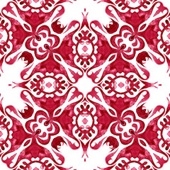 Fototapeta premium Red background ornamental Hand drawn watercolor art. Decorative seamless pattern damask on a white background.