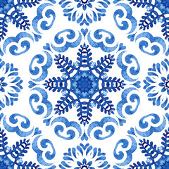 Abstract hand drawn watercolor tile seamless ornamental pattern. Elegant mandala with flower for fabric and wallpapers