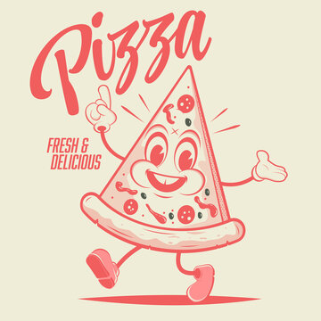 funny walking cartoon pizza in retro style