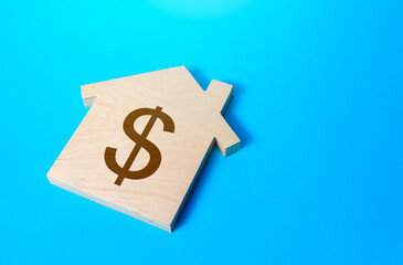 House with a dollar symbol. Solving housing problems, deciding buy or rent real estate. Cost estimate. Search for options, choice of residential buildings. Property price valuation evaluation.