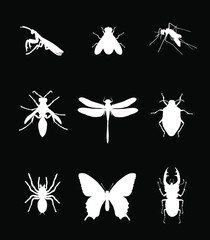 Set of insect vector silhouette illustration isolated on black. Praying mantis. Housefly. Mosquito. Wasp axis or honey bee symbol. Dragonfly. Stink bug beetle. Tarantula spider. Butterfly. Stag beetle