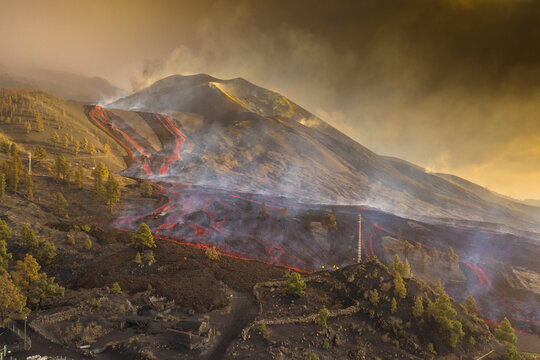 Aerial view of Volcan Cumbre Vieja, a volcano during eruption near El Paraiso town, Las Manchas, La Palma Island, Canary Islands, Spain.