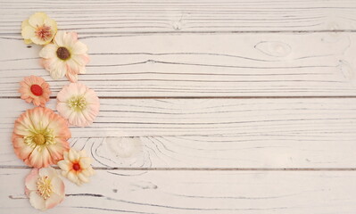 Orange and Yellow Flowers in Vertical Line on Right Side of White Paneling Used as Background
