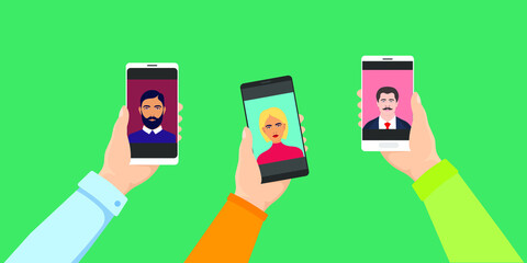 Phone chat messages. Sms notification on mobile phone. Speech bubbles on cellphone screen. People smartphone chatting. Hands with cellphone. Chat message bubbles. Vector with dotwork effect.
