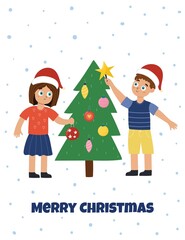 Merry Christmas greeting card with a cute boy and girl decorating the Christmas tree. Winter with funny kids in Santa hats, us letter format 8.5x11. Vector illustration