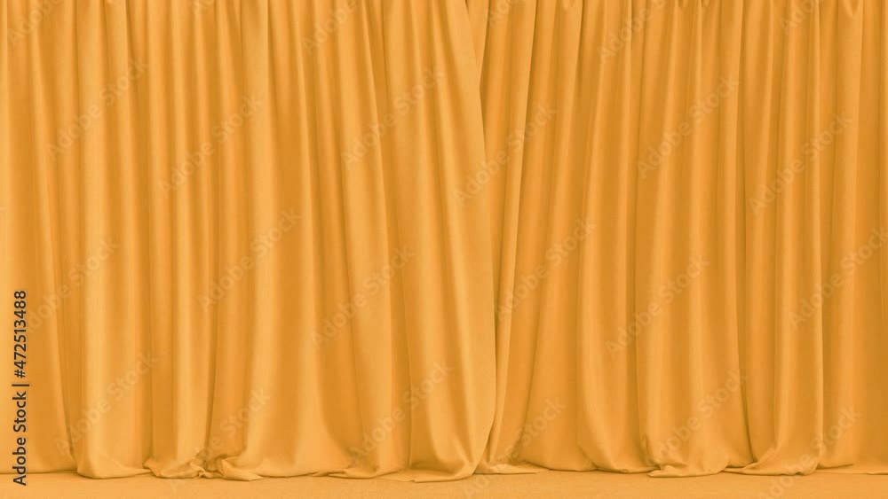 Poster realistic 3d animation of the tropical sunny yellow canvas textured curtain with carpet flooring ren