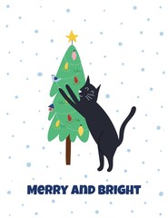 Merry and Bright Christmas greeting card with a cute cat sharpening claws on Christmas tree. Winter print with funny feline character, us letter format 8.5x11.  Vector illustration