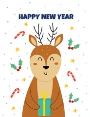 Happy New Year greeting card with a cute reindeer carrying Christmas gift. Winter print with a funny character, us letter format 8.5x11. Vector illustration