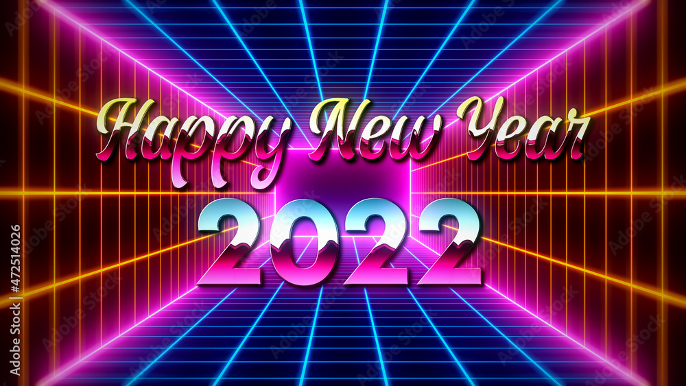 Poster futuristic colorful happy new year 2022 lettering style on 3d perspective mesh rectangle tunnel glow