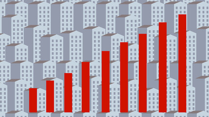 Growing red business graph chart on Residential building background. Real estate. Interest rate. Renting flat. Sale and rental apartments. City. Property Price concept. Finance and Economy. Inflation.